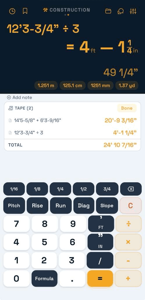 ulator-Calc construction mode showing fractions, running tape, and unit conversions
